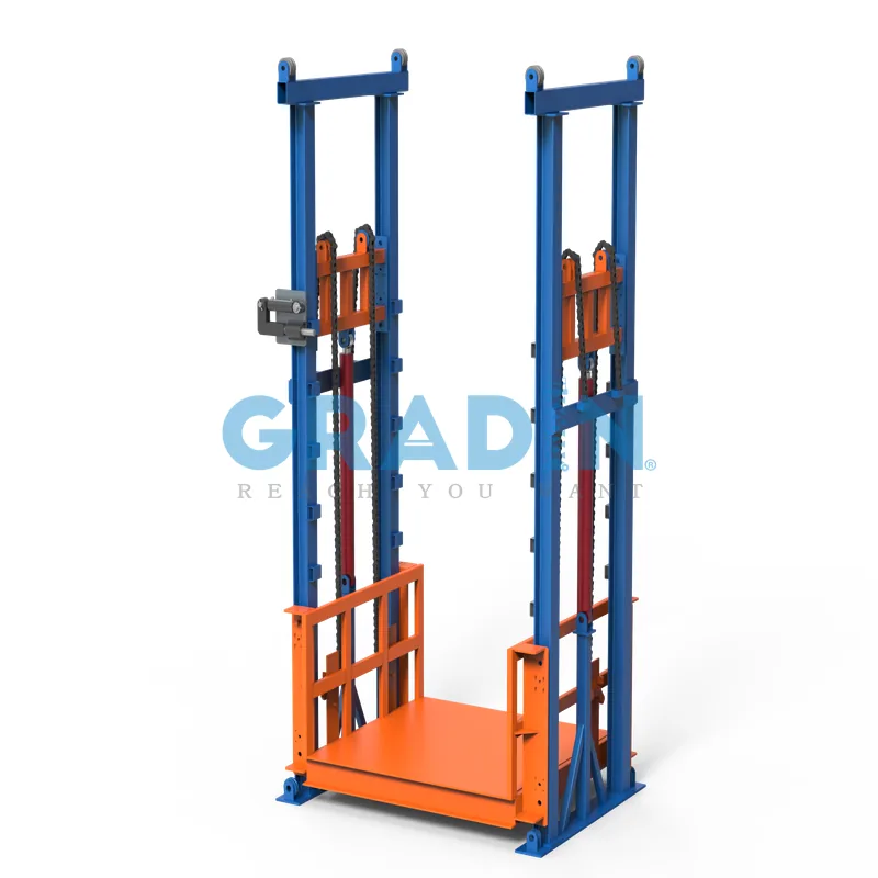 Customized Gradin SJD-L4 two-cylinder four-post hydraulic guide rail cargo lift for vertical warehouse logistics