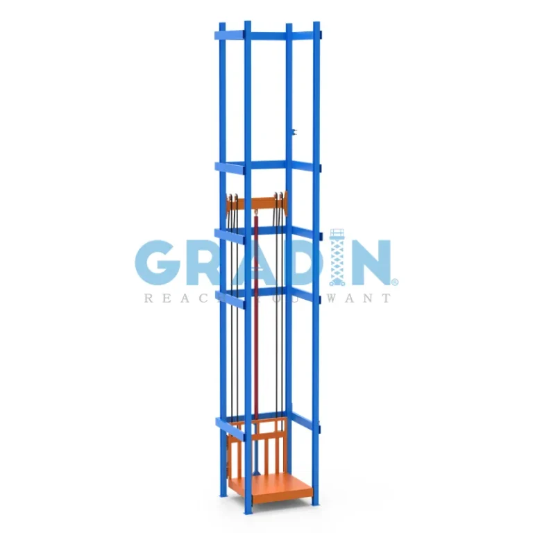 custom single post cargo lift with cantilevered platform elevating palletized loads in a narrow warehouse space
