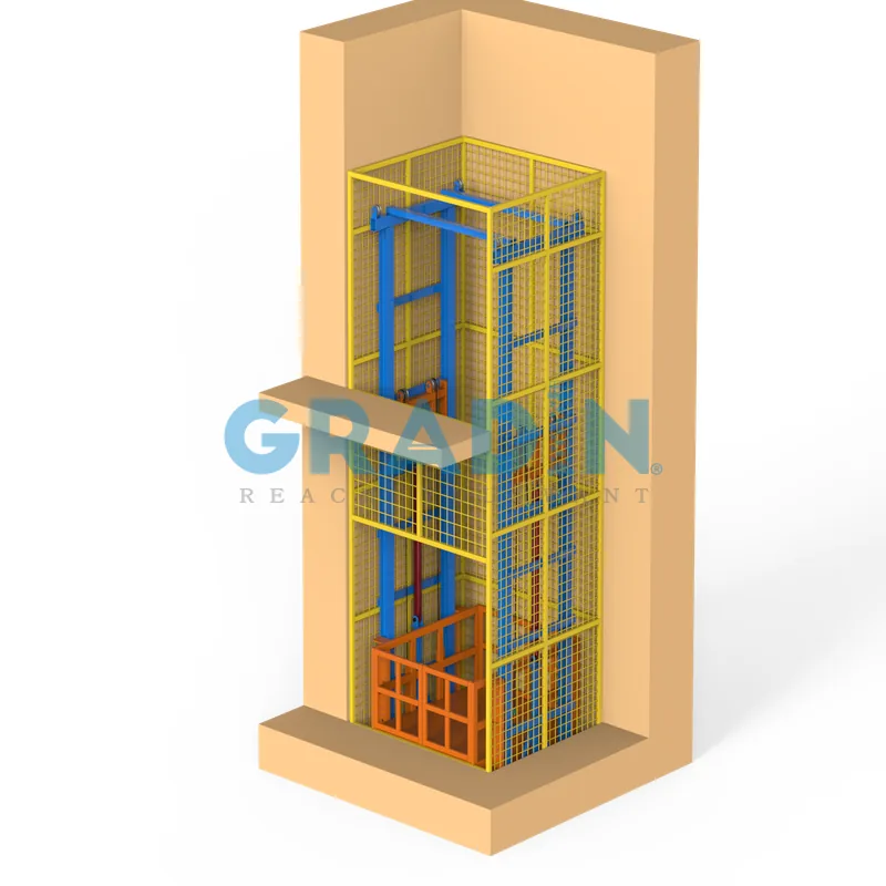 Gradin Enclosed SJD Lift with full-height mesh guard for secure, heavy-duty industrial material transport