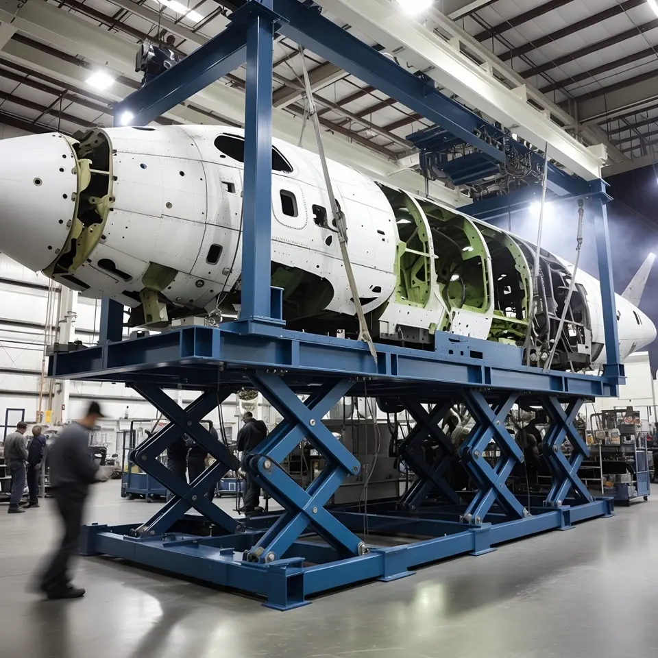 GRADIN custom aerospace lifting platform supporting aircraft fuselage section during assembly line operation