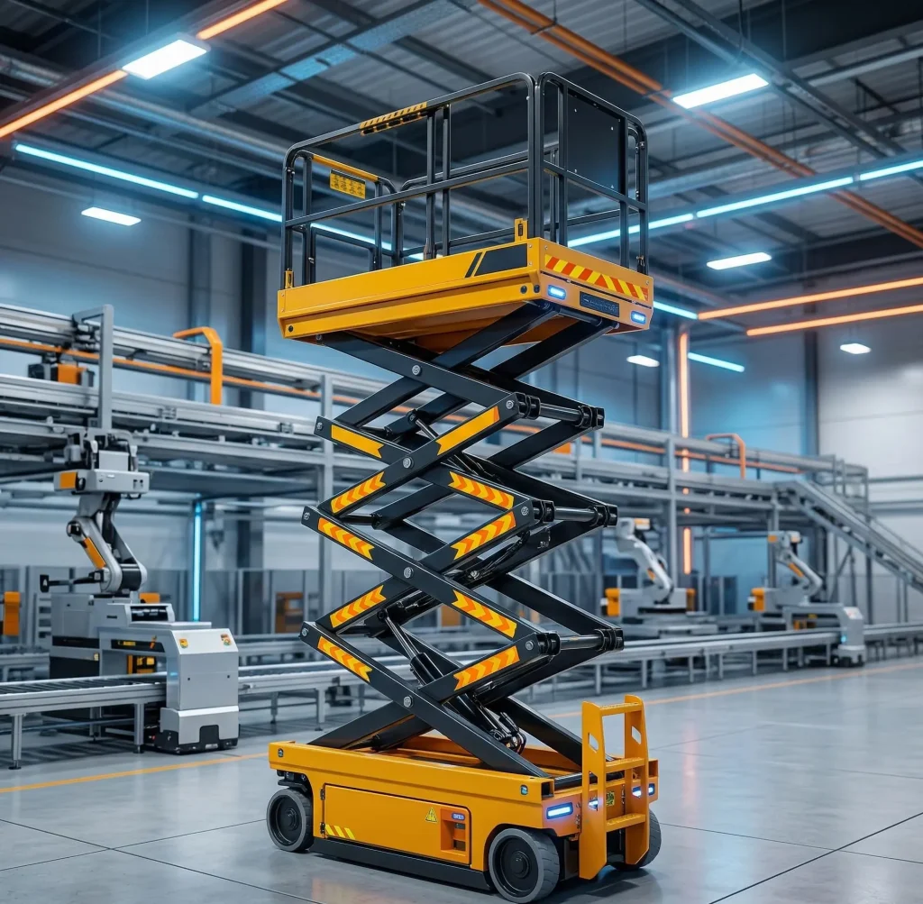 Een hightech 2026 elektrische schaarhoogwerker met lithium-ion batterijsysteem in een modern geautomatiseerd magazijn.