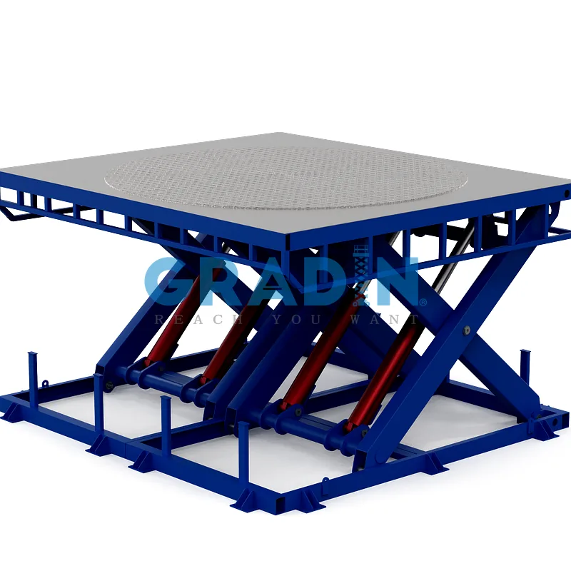 Side-by-side engineering comparison of a heavy-duty 5-ton VRC and a stationary hydraulic scissor lift in a smart warehouse.